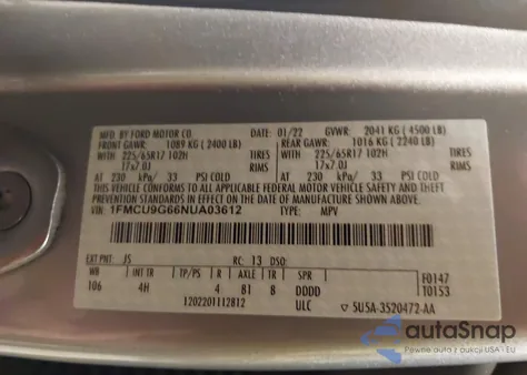 2022 Ford Escape Se из США, поврежденный, VIN 1FMCU9G66NUA03612